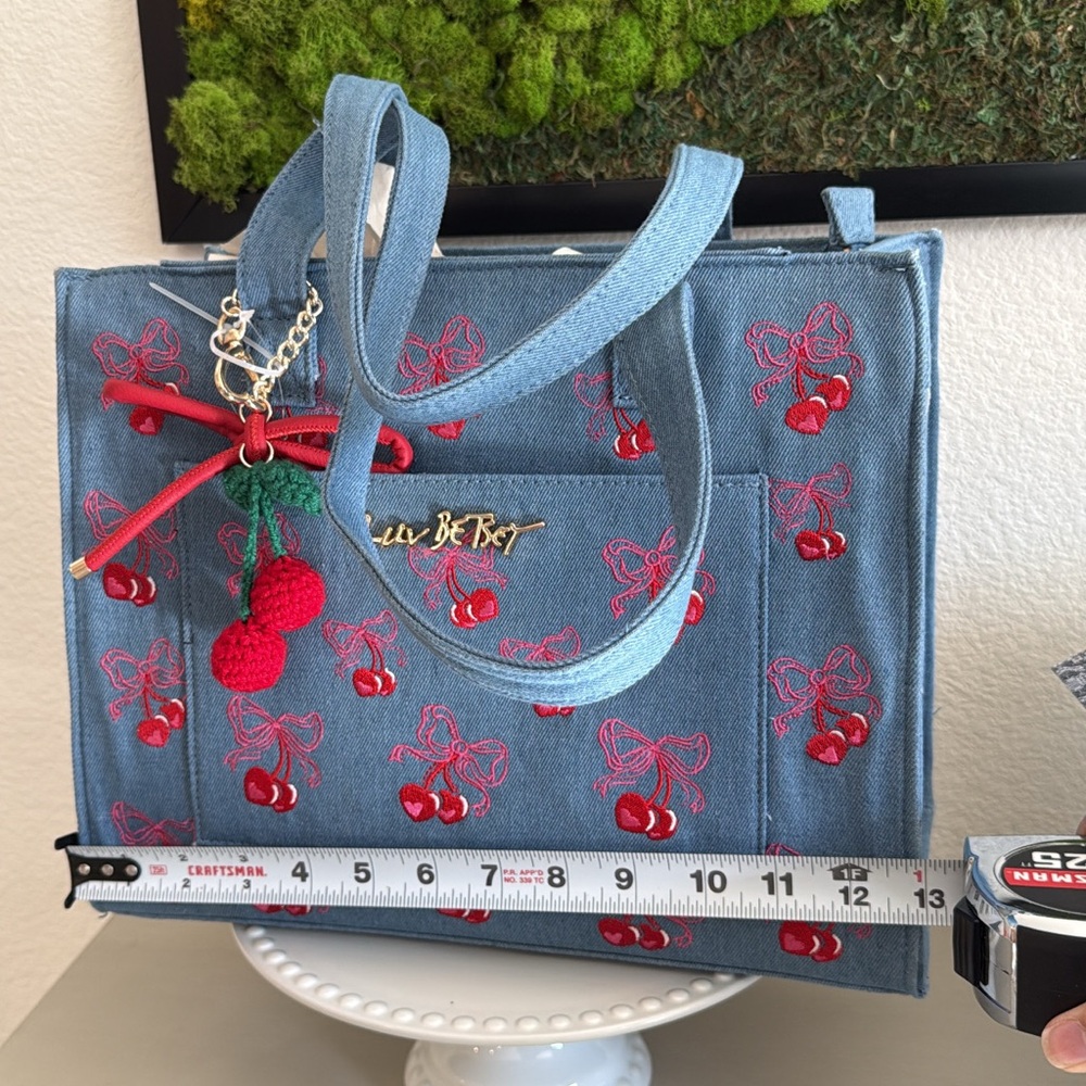 Betsey Johnson Blue Denim Tote with Red Cherry Embroidery - Picture 3 of 5